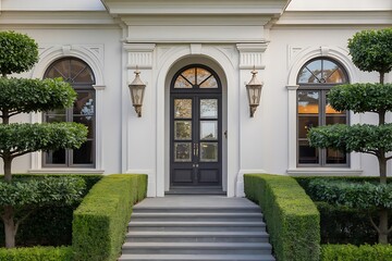 Obraz premium White house featuring black door and windows, blending traditional and modern fusion styles, upscale residential architecture, wood and brick elements, elegant facade, urban exterior, bright interior 