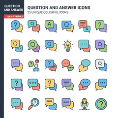 Collection of colorful question and answer icons in various speech bubbles and symbols