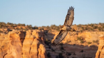 Eagle in Flight over Desert Canyon with Golden Hour Lighting on Rocky Terrain for Wildlife Conservation