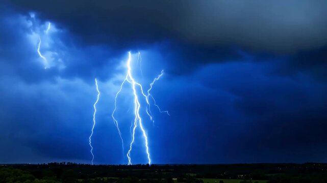 Time-lapse of a severe thunderstorm with multiple lightning strikes hitting the ground over a dark landscape.