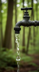 Leaking Water Tap in Forest Setting.