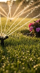 Lawn Sprinkler Watering Grass at Sunset.