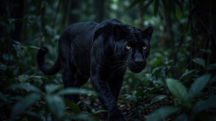 Black Panther in Mysterious Dark Forest with Dramatic Low Key Lighting on Dense Foliage for Wildlife Conservation