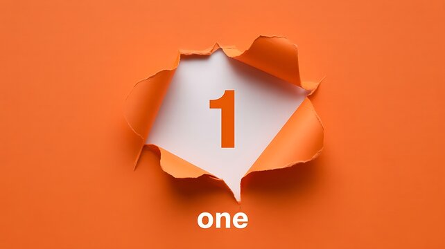 Torn orange paper with a white number one and the word one underneath  representing the concept of counting or numbering