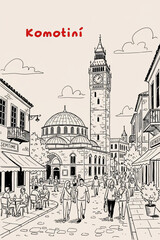 Obraz premium Komotiní, Greece Pen Line Art Illustration of City Landmark and Travel Scene