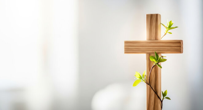 Lent light on cross wooden cross illuminated by soft sunlight symbolizing hope and spiritual renewal. Image can be used for church publications, devotional materials, or Easter preparation themes.