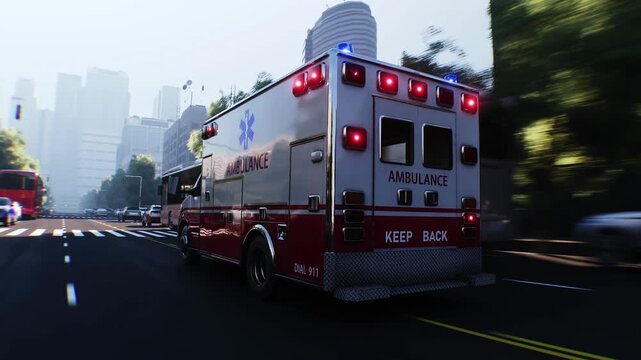 An ambulance driving fast on a city street. Realistic 4k animation.
