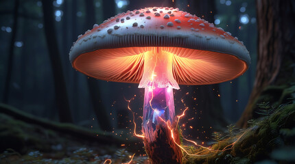 Mystical glowing mushroom in a dark forest with magical aura