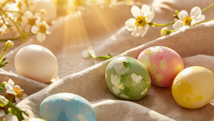Pastel Easter Eggs and Spring Blossoms