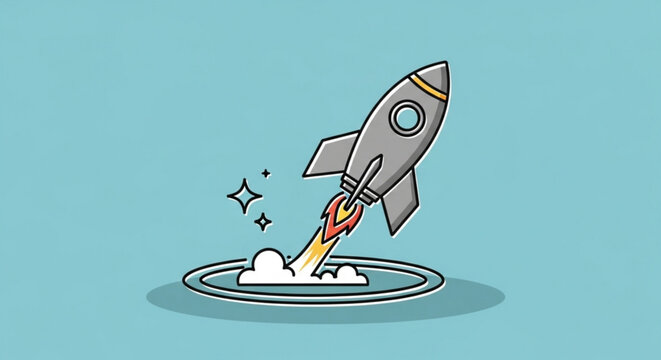 Cartoon rocket ship blasting off into the sky with flames and smoke on a blue background