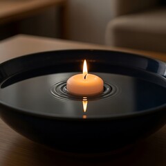 Lit Candle Floating in Water Bowl.