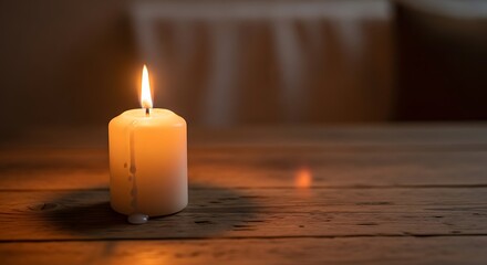Lit Candle on Wooden Table in Dark Room.
