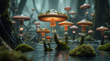 Mystical forest with glowing mushrooms and flying saucers in a misty atmosphere