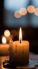 Lit Candle with Soft Focus Background.