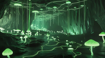 Mystical glowing cave with hanging vines and illuminated mushrooms