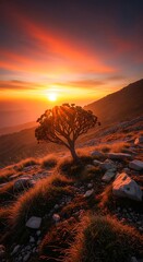 Lonely Tree on Rocky Hillside at Sunset.