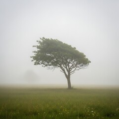 Lonely Tree Standing in Foggy Green Field.
