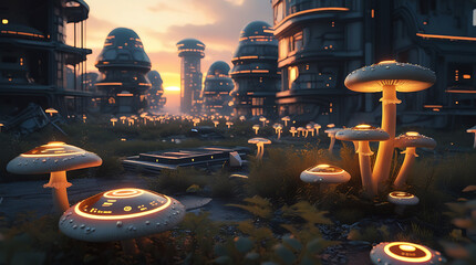 Futuristic cityscape with mushroom-like structures and flying vehicles at sunset