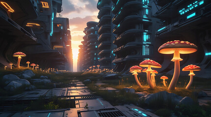 Futuristic cityscape with glowing mushrooms by a reflective path at sunset