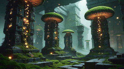 Mystical forest with glowing mushrooms and ancient ruins under a starry sky