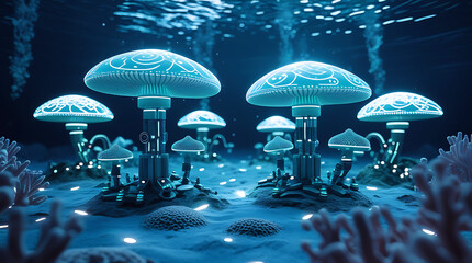 Futuristic underwater city with glowing mushroom-like structures
