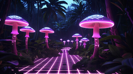 A futuristic jungle path illuminated by glowing mushrooms and grid patterns