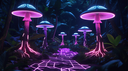 Enchanted forest path illuminated by glowing mushrooms under a starry night sky