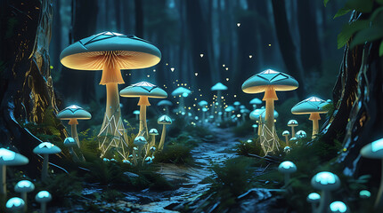Enchanting forest path illuminated by glowing mushrooms under a starry night sky