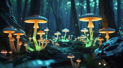 Enchanting glow of bioluminescent mushrooms in a dark forest