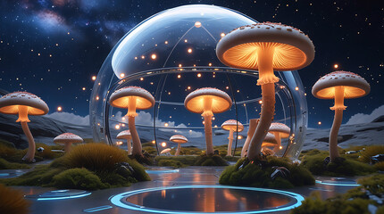 Whimsical landscape with glowing mushrooms and floating celestial orbs under starry sky