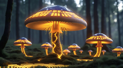 Enchanted glowing mushrooms illuminating a mystical forest at night