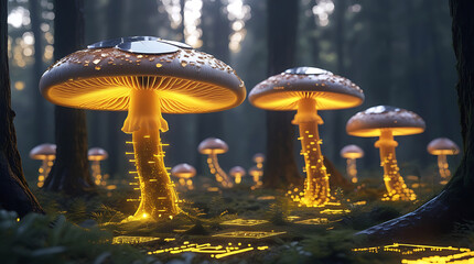 Glowing mushrooms illuminating a dark forest floor in a magical scene