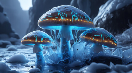 Illuminated mushrooms in a snowy landscape with glowing blue lights