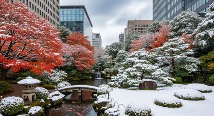 ビルの谷間の紅葉と雪景色の日本庭園