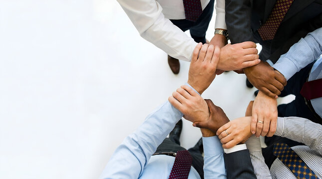 Overhead view of diverse business professionals in formal shirts and ties, linking arms in a circle on a clean white background, symbolizing teamwork and unity.