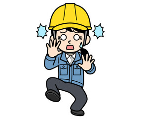 動揺しまくるヘルメットをかぶった現場監督の女性