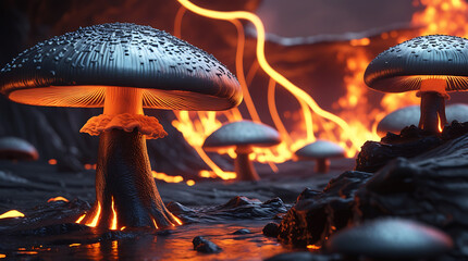Mystical mushrooms growing in a fiery, enchanted forest landscape
