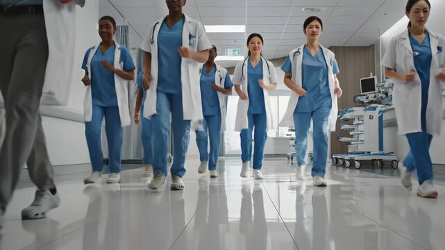 Medical staff running in hospital corridor