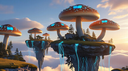Floating glowing mushrooms in a surreal fantasy landscape