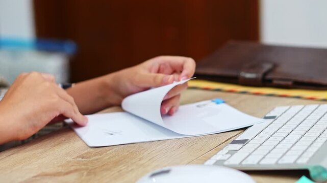 Office worker hands signing documents with pen at wooden office desk

