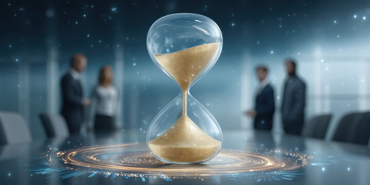 Golden hourglass financial investment concept time passing in corporate meeting room