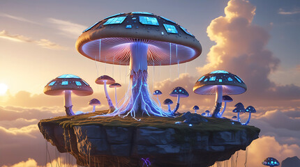 Floating mushroom islands in a surreal sky landscape with glowing caps