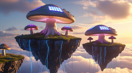 Futuristic floating islands with glowing mushroom structures in a sky landscape