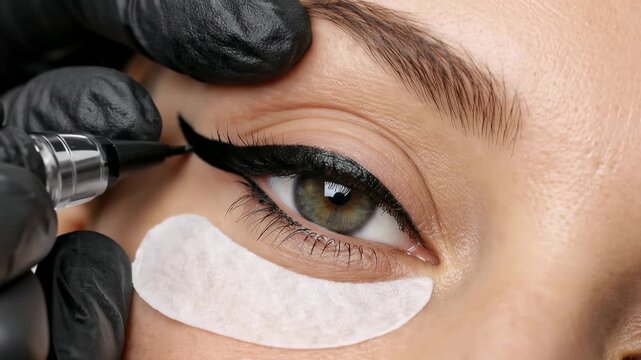 Closeup of permanent eyeliner tattoo procedure on woman eye with protective pad and professional black gloves