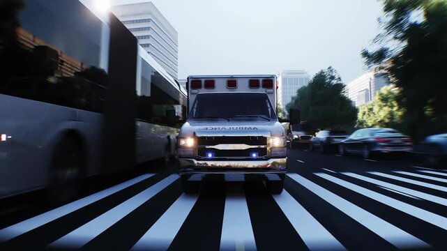An ambulance driving fast on a city street. Realistic 4k animation.