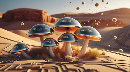 Futuristic mushrooms with digital screens in a desert landscape