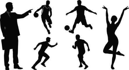 Businessman pointing with briefcase silhouette, basketball player dunk shot, soccer athlete kicking ball, sprinter running motion, athlete sprint pose, ballet dancer graceful movement illustration © Habiba