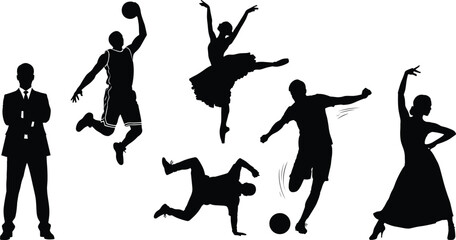 Businessman arms crossed silhouette, basketball player slam dunk, ballerina mid leap pose, breakdancer one hand balance, soccer athlete kick ball, flamenco dancer dramatic pose illustration © Habiba
