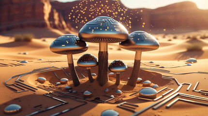 Futuristic mushroom-shaped structures in a desert landscape under a starry sky