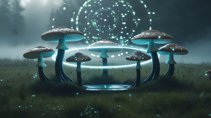 Mystical mushrooms glowing with a futuristic portal in a foggy field